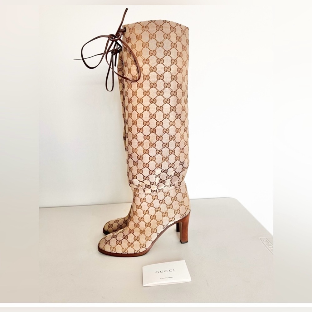 Gucci Beige GG Monogram Knee-High Boots - Picture 5 of 10